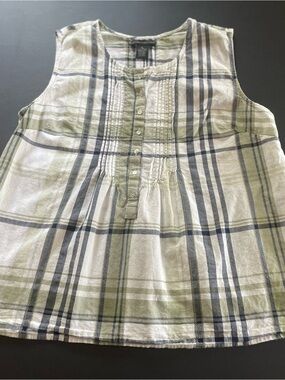 Preswick & Moore Olive and White Plaid Pintuck Sleeveless Top
